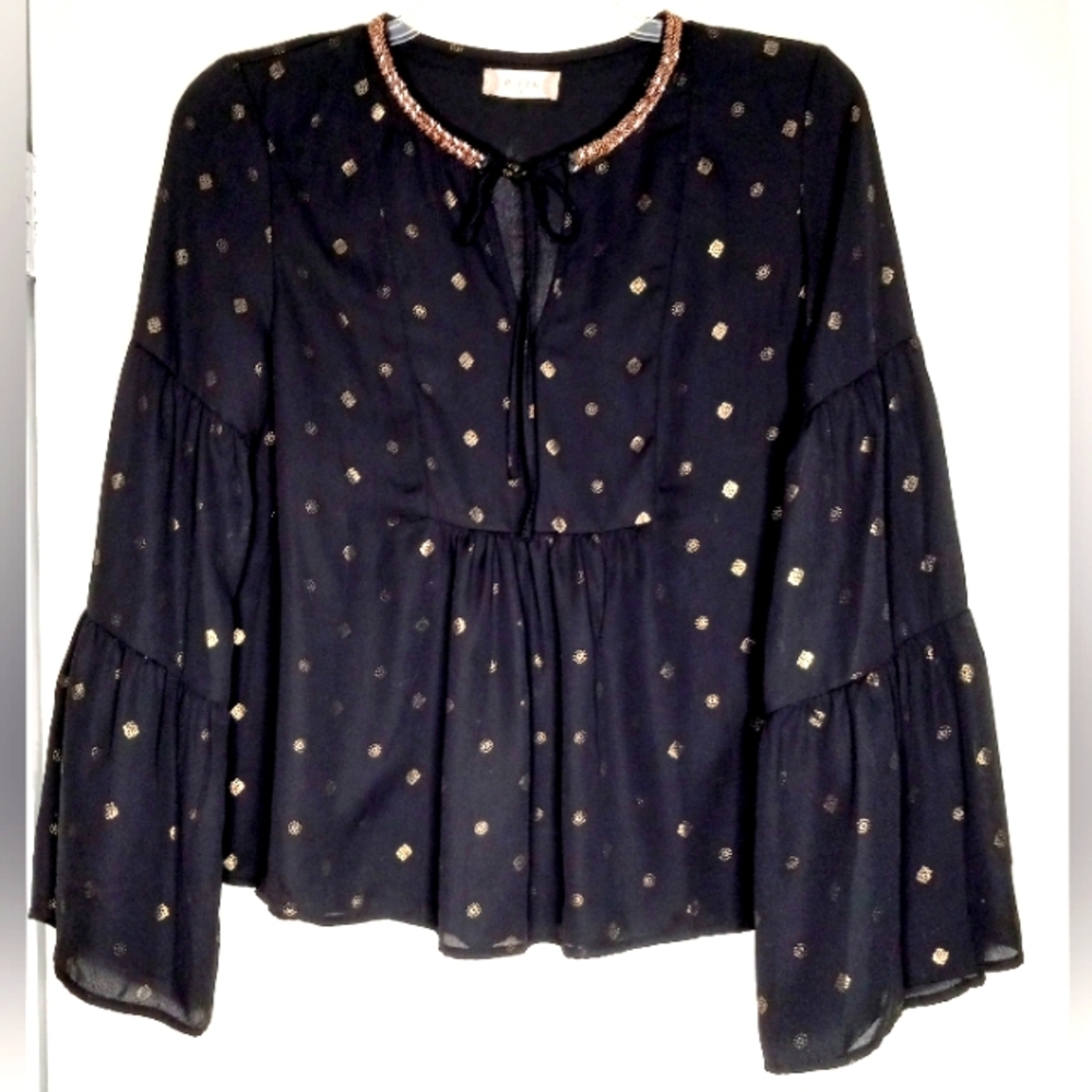 Altar'd State black & gold metallic print bell sleeve semi sheer blouse …